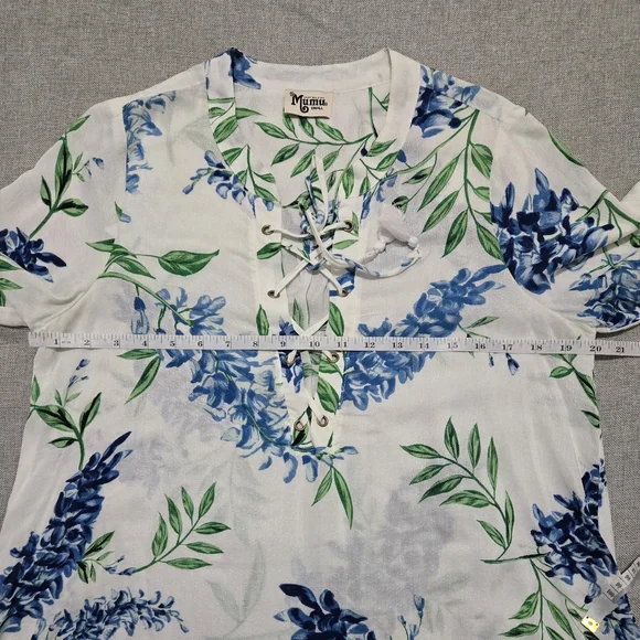 Show Me Your Mumu Floral Tunic Thatcher Tie Top White Blue Wisteria Print Small - Picture 11 of 12